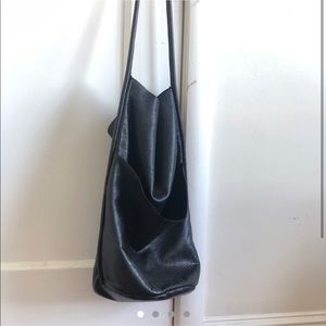 black leather bucket bag